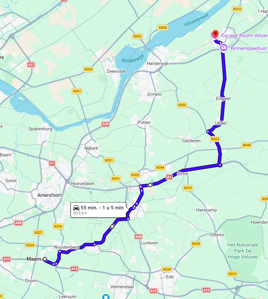 Kaart met mogelijke omrijroute om vanuit regio Utrecht naar Nunspeet (en terug) te komen.
